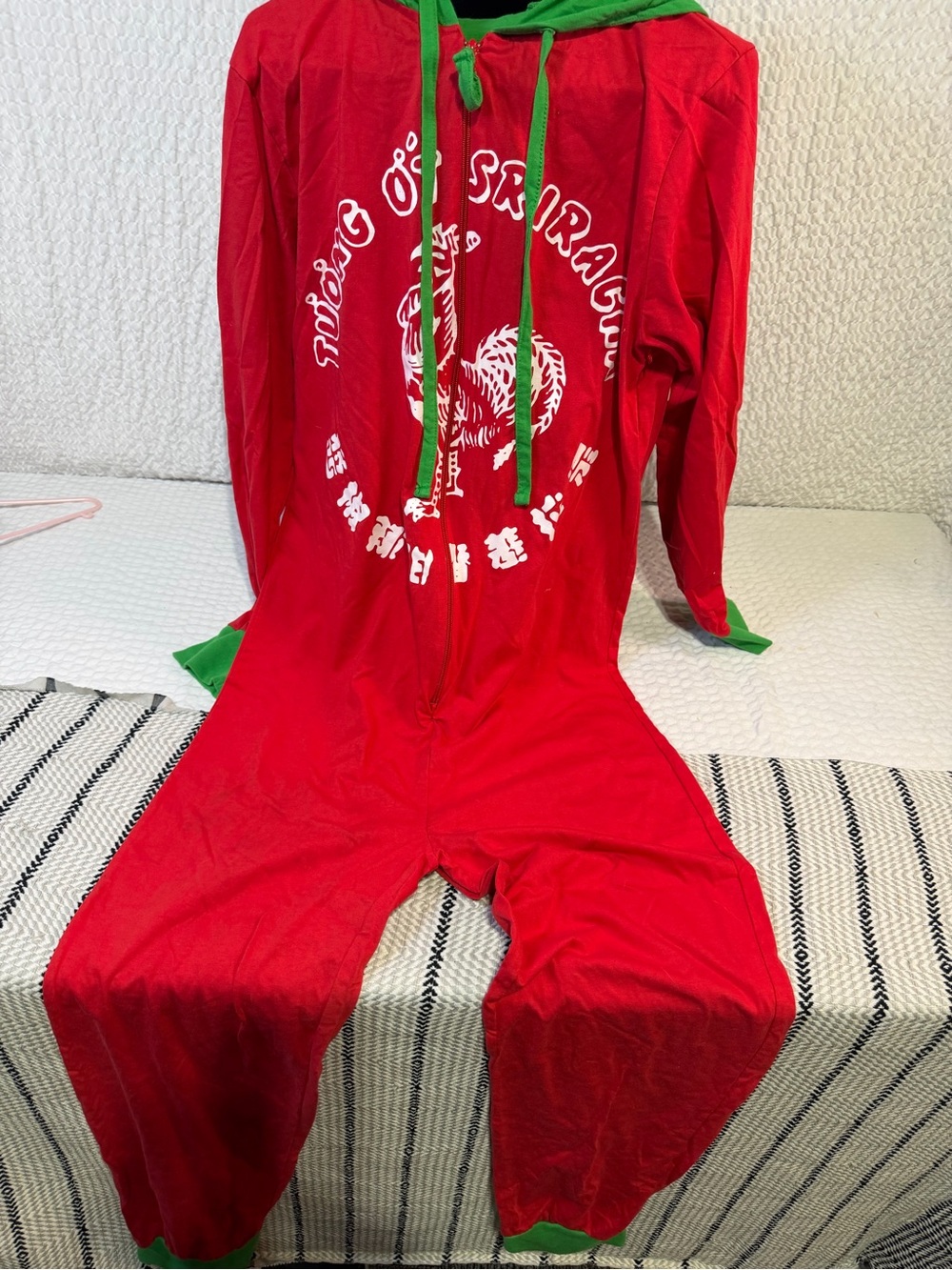 Red Hooded Men’s Pajama Onesie with Green Trim
